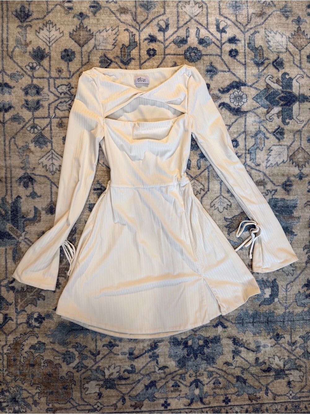 Oh Polly Cream Ribbed Long-Sleeve Cutout Mini Dress